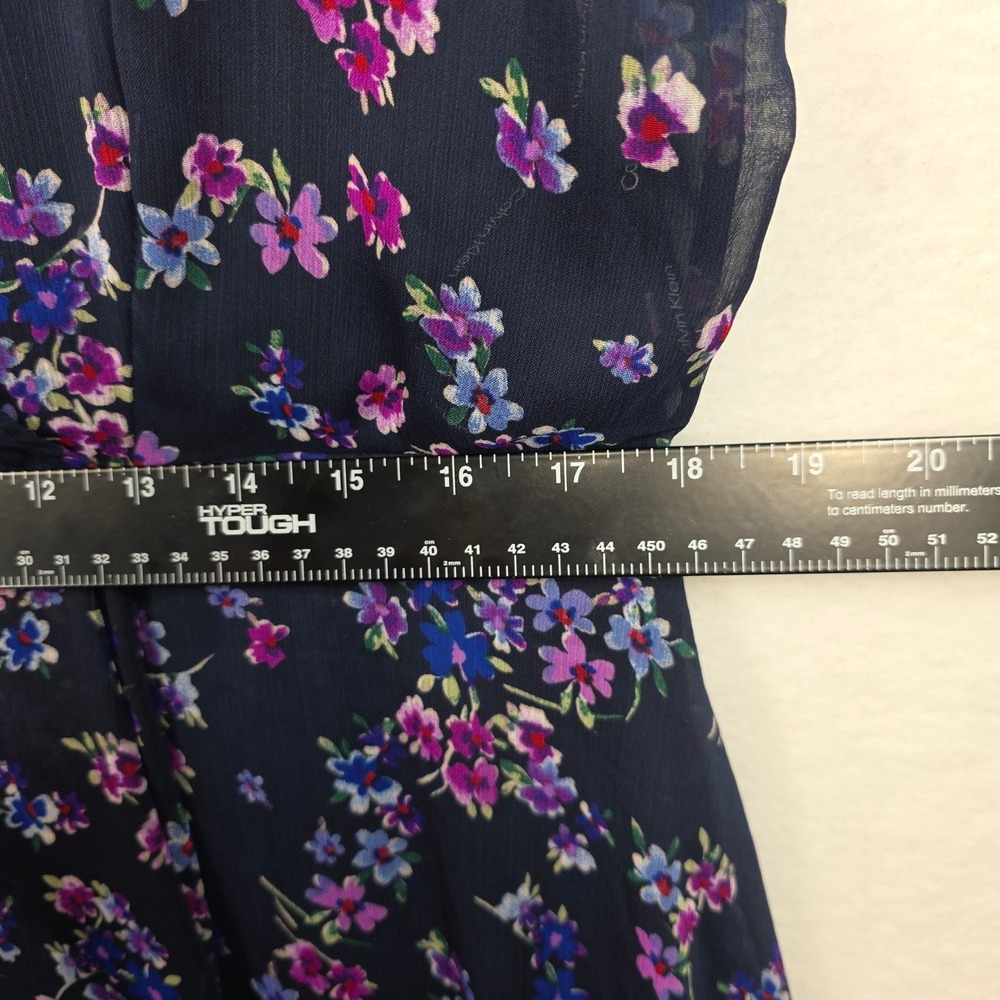 Calvin Klein Dress Navy Floral Print A-Line Hi-Low Wrap Size 14 - Picture 13 of 16